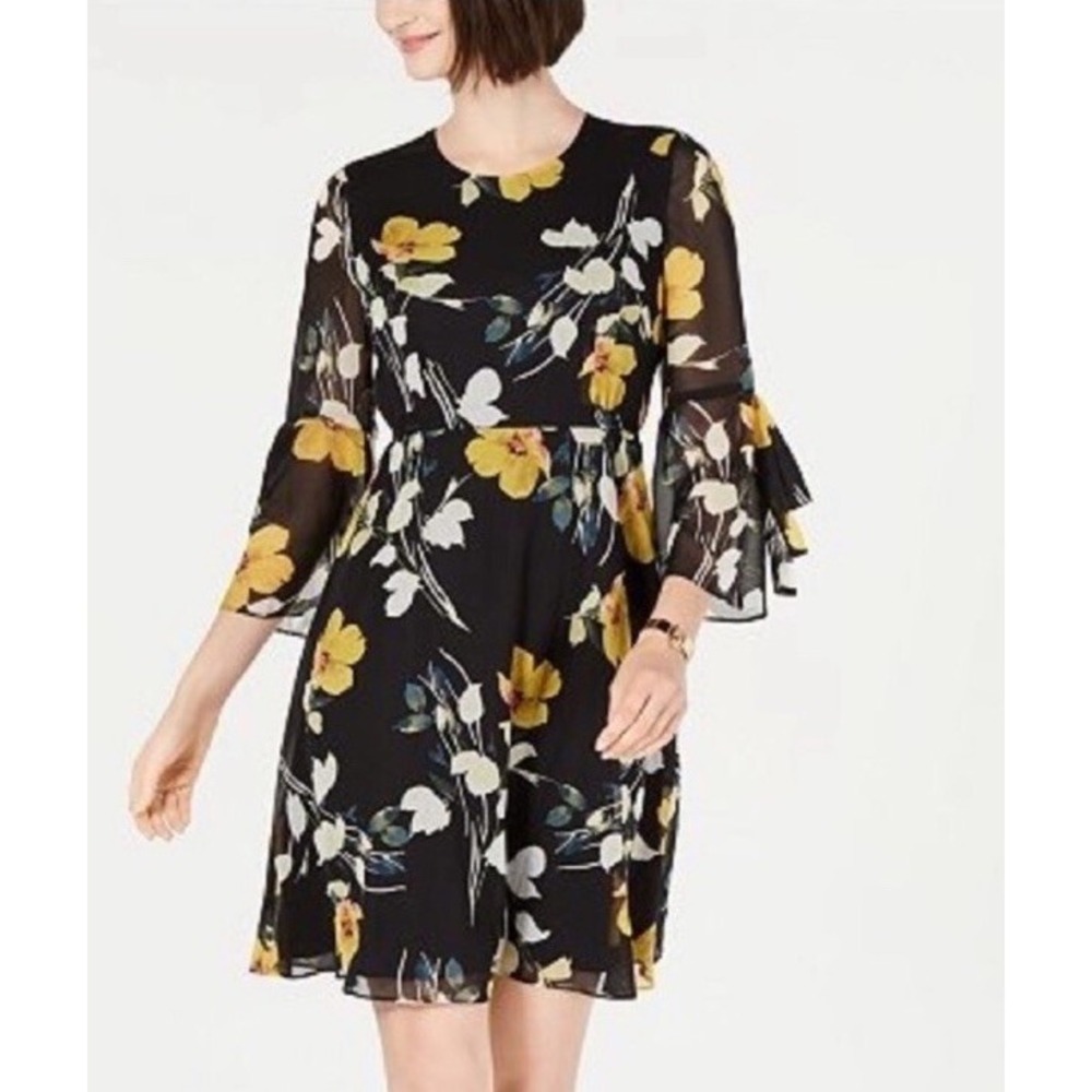 INC International Concepts Dress Womens 14 Black Floral Bell Sleeve Fit & Flare
